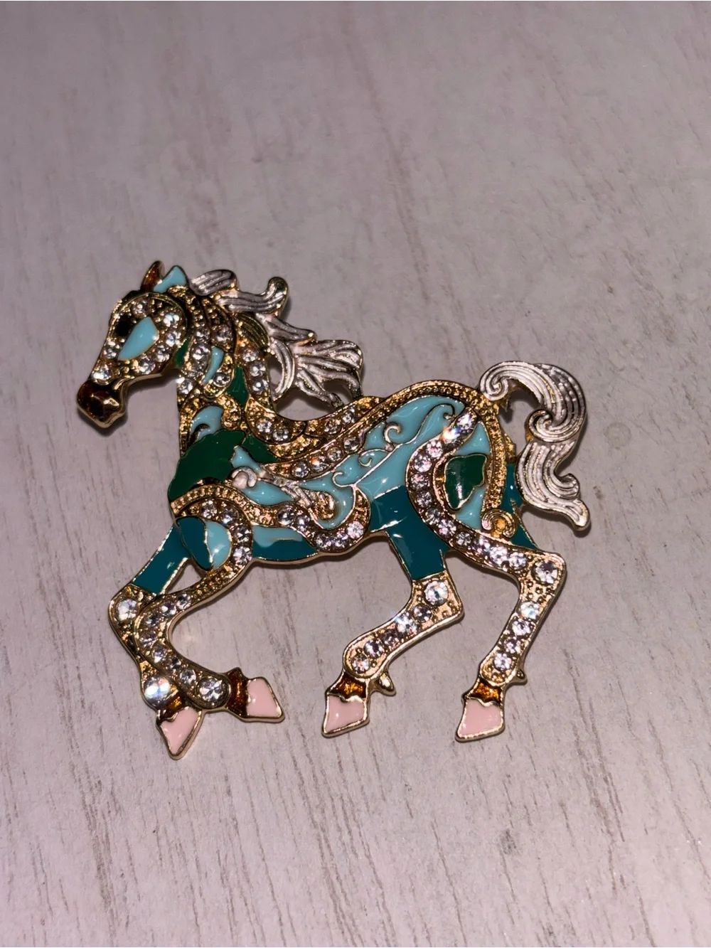 Gold Tone Enamel Horse Brooch w/ Rhinestones | Teal Statement Pin - Picture 1 of 3